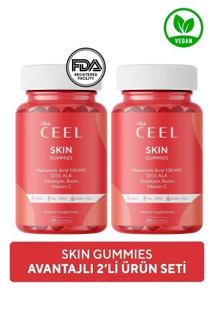 2 Pack Vegan Skin Vitamin Chewable Gummy- Hyaluronic Acid- Vitamin C- Glutathione- Q10- Ala- Biotin - Vita Ceel