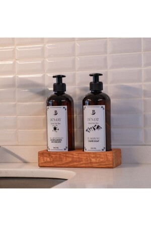 2 Pack Wooden Stand Dishwashing Detergent Hand Soap Labeled Plastic Bottle Amber 500 ml Akd-1003 - Bümay home