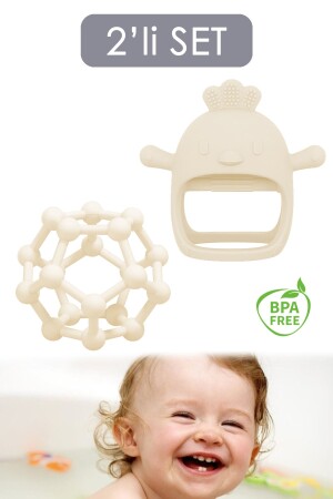 2-Piece Baby Teethers Set - Teether Hand Ball - Silicone Baby Teething Mitt Beige - Meleni Baby