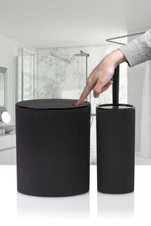 2-Piece Bathroom Set - Style Round Touch-Touch Practical Striped Bathroom Dustbin with Lid - Brush Set Black - Tugomer