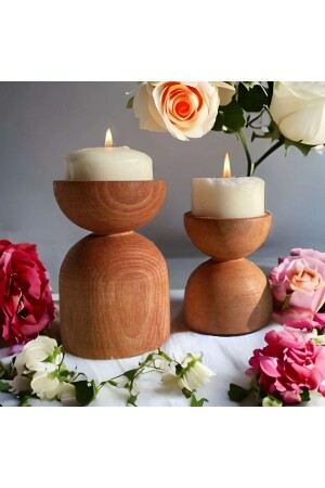 2 Piece Candle Holder - Wooden Candle Holder - Candle Holder Paintable Decorative - Lmn Mobilya