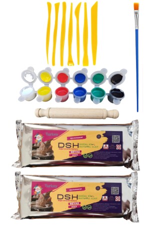2-Piece Ceramic Starter Set, 6-7 Jars, 2 Pieces of 1000 Gr Clay Dough and 6-Piece Paint, Brush and Roller big point set - DSH Doğal Seramik Hamuru