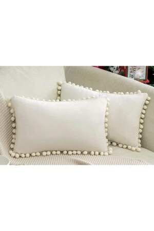 2-Piece Cream Small Pompom Throw Pillow Cover, Velvet Look, 2 Pieces 30 X 50cm - Bc Home