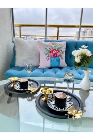 2-Piece Gold Butterfly Round Black Presentation Tray, Decorative Serving Tray, Tea, Cake, Coffee 24 Cm S224KBK - Aslı Hediyelik