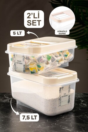 2-Piece Labeled Detergent Storage Container with Sliding Lid - Tablet Detergent Storage Box 5lt-7,5lt Cream MCH-730 - Meleni Home