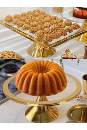 2 Piece Luxury Rectangular and Round Footed Cake and Pastry Presentation Stand Dowry Holder - Fiyakalı Ürünler Atölyesi