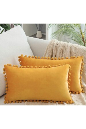 2-Piece Mustard Tiny Pompom Throw Pillow Cover, Velvet Look, 2 Pieces 30 X 50cm - Bc Home