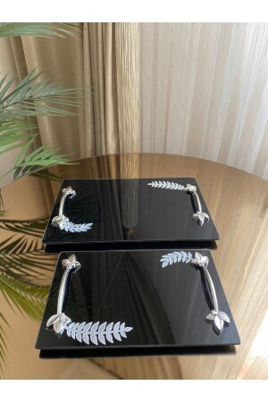 2-Piece Promise Engagement Henna Tray Mirrored Leaf Detailed Rectangular Black Decorative Tray HSS-YPRK - Housess