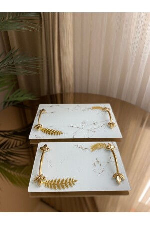 2-Piece Promise Engagement Henna Tray Mirrored Leaf Detailed Rectangular Gold Decorative Tray HSS-YPRK - Housess