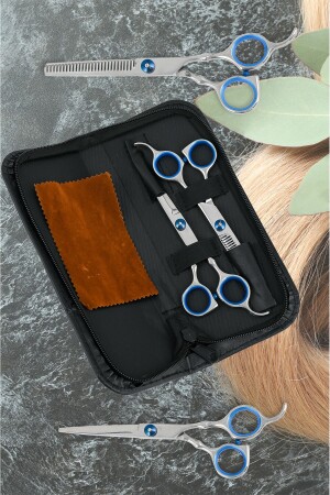 2 Piece Titanium Blue Hair Cutting Scissors and Intermediate Scissors Set with Leather Bag - Uniquem