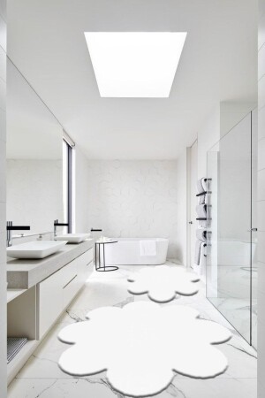 2-Piece White Bathroom Rug Plush Fleece Carpet Toilet Seat Set 60x60 (daisy) and 80x80 (daisy) - Balat Halı