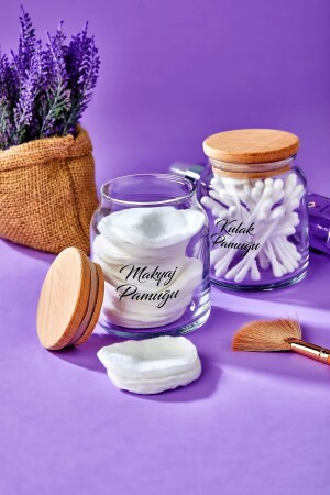 2-Piece Wooden Cover Make-up Cotton & Cotton Bud Organizer 300 Ml Cotton Dispenser - Fbzhome