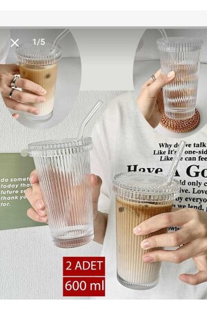 2 Pieces 600 ml Heat Resistant Origami Pattern Glass with Lid and Straw Milkshake and Soft Drink Glass PTLBRDK000001 - ALBAK Life