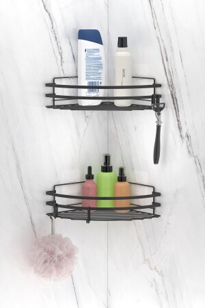 2 PIECES BATHROOM CORNER SHELF WITH ADHESIVE HOOKS MATTE BLACK - Teknotel