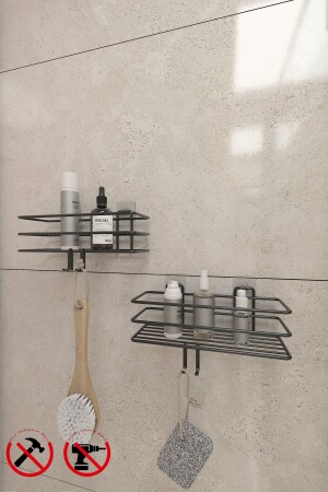 2 Pieces Bathroom Shelf Matte Black Bathroom Shower Hanger with Adhesive Hooks - Alper Banyo