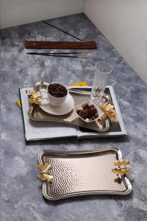 2 Pieces Butterfly Tattoo Patterned Coffee Presentation Holder Metal Groom Promise Tray Silver ANBL-TR3639-2LI - AROW