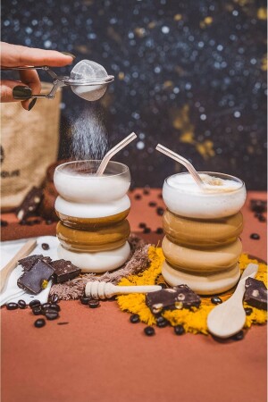 2 Pieces Heat Resistant Borosilicate Glass Ribbon Shaped Glass with Straw Coffee and Presentation Cup 300 Ml - Lilya Home