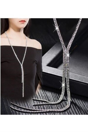 2 Row Waterway Necklace Stone Long Necklace Silver Plated Body Necklace 000118 - HUBANN