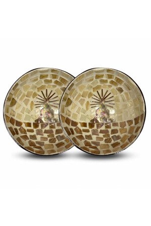 2 Stück mit Perlmutt beschichtete Kokosnussschale mit Yoga-Muster und Schüsselmatte aus Korbgeflecht – Snackhalter JDA00004 - Coconut Products