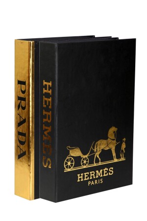 2-teilige dekorative Prada-Hermès-Buchbox aus Schwarzgold iray03 - irayhomedecor