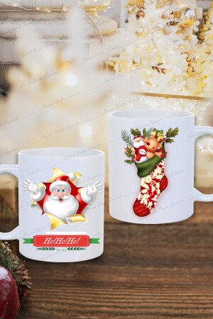 2-teilige Tasse mit Aufdruck „Weihnachten, Neujahr, Weihnachtsmann und Weihnachtsstrumpf“, bedruckt – Weihnachten – Weihnachtsgeschenk BRK054 - Burak Baskı Tasarım