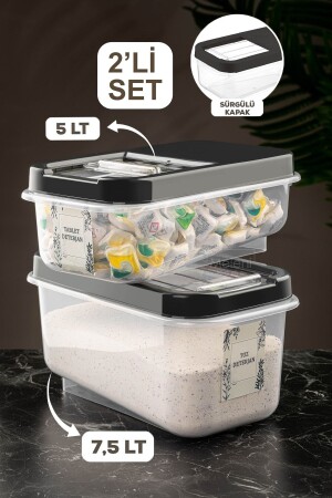 2-teiliger, beschrifteter Waschmittel-Aufbewahrungsbehälter mit Schiebedeckel – Tabletten-Waschmittel-Aufbewahrungsbox, 5 l–7,5 l, Anthrazit MCH-729 - Meleni Home