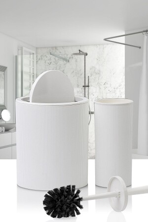 2-teiliges Badezimmer-Set – runder Touch-Touch-Stil, praktischer gestreifter Badezimmer-Mülleimer mit Deckel – Bürstenset weiß - Tugomer