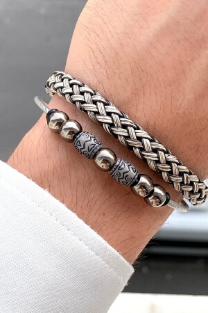 2-teiliges Luxus-Herrenarmband mit geflochtenen Details - Lowen Aksesuar