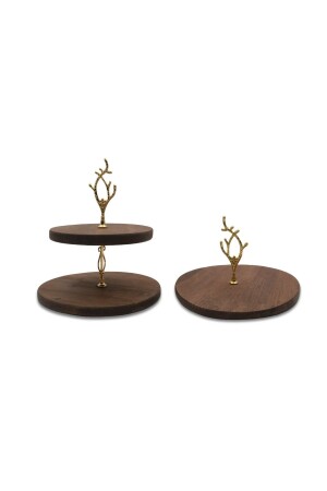 2 Tiers and Single Tiers Leaf Handle Patterned Handle Wooden Cake Pastry Presentation Stand - Service Presentation Plate - - Rabo Craft