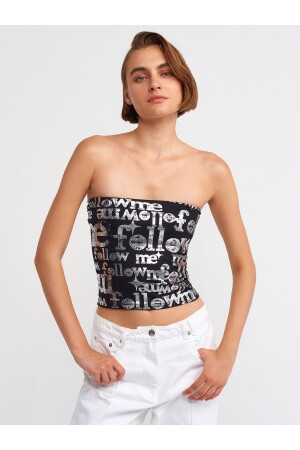 20695 Baskılı Crop Top-Siyah - Dilvin