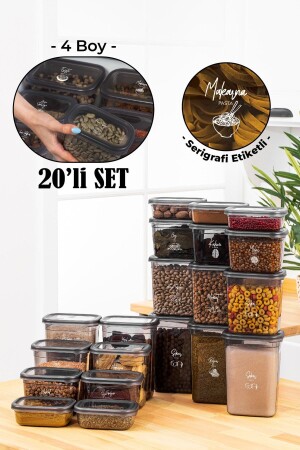 20pcs Peggy Rectangular Storage Container Set with White Screen Printing Label 5x(1500-1150-800-400 Ml) Anthracite PGGY20LIKRSK4 - Vienev