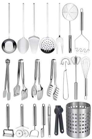 21 Piece Cooking and Serving Utensils; Serving and Presentation Set Spoon Holder - Whisk - Tongs - Ladle - Colander - Selenica