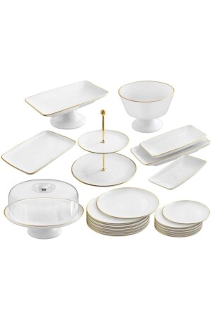 21 Piece White Gold Cake Service Presentation Dowry Set - Gönül