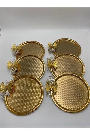 22cm 6-Piece Butterfly Gold Decorative Round Tray, Tea, Coffee, Dessert, Cake Service Presentation Tray KZMT421-6X - Fiyakalı Ürünler Atölyesi