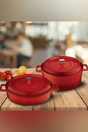 24 cm rund, 28 cm flach, 2-teiliges Topfset aus Gusseisen, Rot BAGLI03099 - Lava