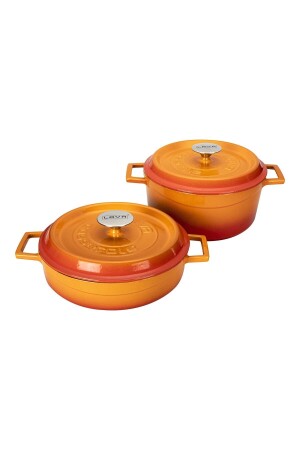 24 cm Yuvarlak 28 cm Sığ 2'li Demir Döküm Tencere Seti Turuncu BAGLI03099 - Lava