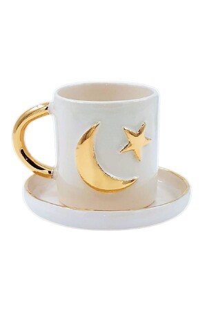 24 Karat Gold bestickter Halbmond und Stern, handgefertigtes Geschenk, doppelte türkische Kaffeetasse, 180 ml, FAYıldız - Monako Limited Edition