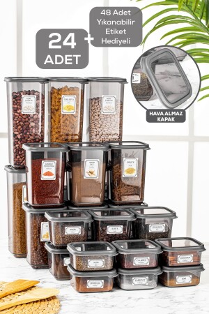24 Parça Etiketli Kare Erzak Saklama Kabı - Bakliyat Kabı 6x(300-500-1100-1700 ML) Erzak Kabı MLN-151 - Meleni Home