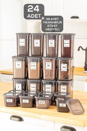 24-Piece Elisa Spice Rack Food Storage Container - Square Spice Set with Lid 8x0.50 Lt-1.10 Lt-1.70 Lt MCH-745 - Meleni Home