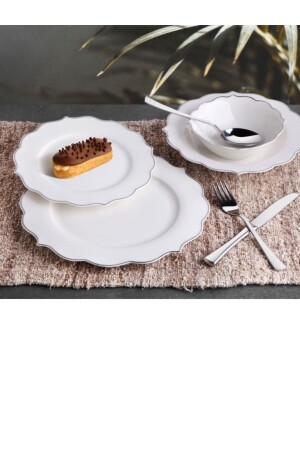 24 Piece Porcelain Silver Dinner Set Relief GONG3210-SILVER - GÖNÜL