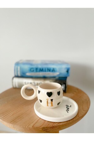 24K Gold Gilded Double Handmade Ceramic Turkish Coffee Cup - Letter H - Black MUGKALPLHLETTER - Mugtasarım