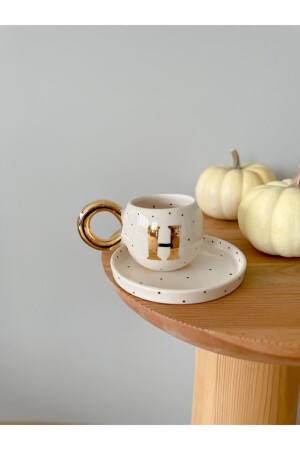 24k Gold Gilded Double Turkish Coffee Cup Polka Dot Cup - Letter H - MUGPUANTI - Mugtasarım