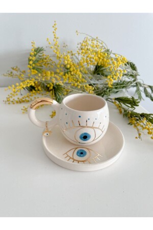 24K Gold Gilded Double Turkish Coffee Cup with Evil Eye MUGGOZ11 - Mugtasarım