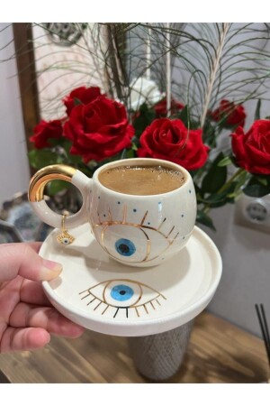 24K Gold Gilded Double Turkish Coffee Cup with Evil Eye MUGGOZ112 - Mugtasarım