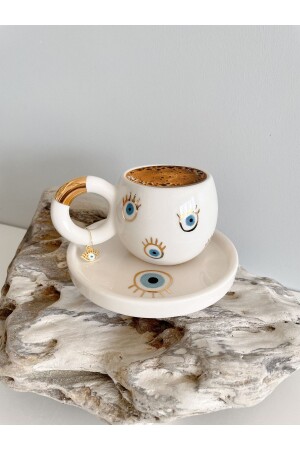 24K Gold Gilded Double Turkish Coffee Cup with Many Eyes Evil Eye MUGGOZ18 - Mugtasarım