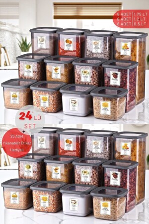 24'lü Set Etiketli, Kırılmaz Kare Erzak Saklama Kabı Antrasit X8 1,75 Lt-1,2 Lt-0,5 Lt TYC00600436025 - Nandy Home