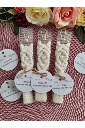25 Pieces Labeled and Pearl Decorated Macrame Keychain - Wedding Henna Engagement Promise Birth Circumcision Gift - Nazdesign