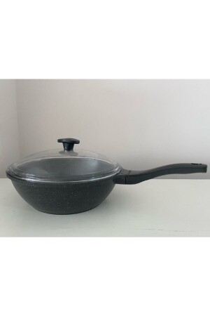 28 cm Wok-Pfanne mit Glasdeckel aus Gussgranit / Grau 005 - ThermoAD