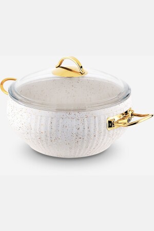28 Cm White Granite Patterned Casserole Deep Pot Gold Handle Glass Lid byzgvctnc28 - Lines