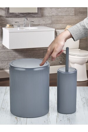 2'li Banyo Seti -Stil Yuvarlak Dokunmatik Pratik Kapaklı Çizgili Banyo Çöp Kovası - - Tugomer